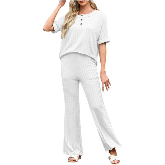 Tungbrin Women's Casual Outfits 2 Piece Sets Crew Neck Button up Short Sleeve Tops High Waist Wide Leg Pants with Pockets