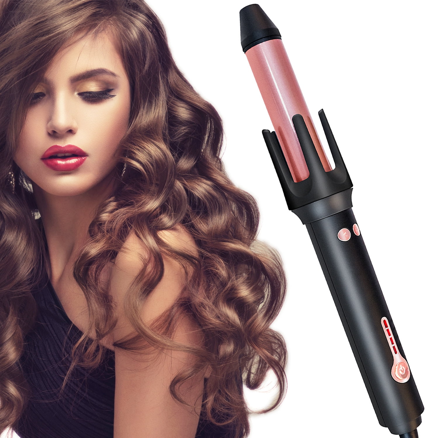 Professional Automatic Rotating Curling Iron, 1 Inch Ceramic Hair Curler for Effortless Beach Waves, Anti-Scald Automatic Styling Wand with 4 Precise Heat Settings, Black & Rose Gold