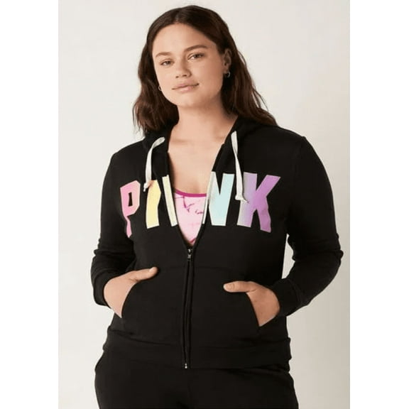 Victoria's Secret PINK Women Everyday Lounge Perfect Full-Zip Hoodie Black L,NWT