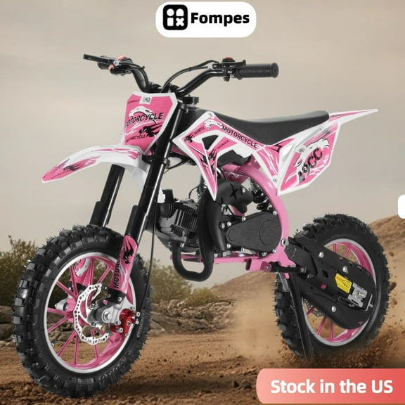 Fompes Dirt Bike, 49cc 2-Stroke Gas Mini Bike for Kids Off Road Mini Motorcycle with Front Fork and Shock Absorption, Up to 25Mph, Pink