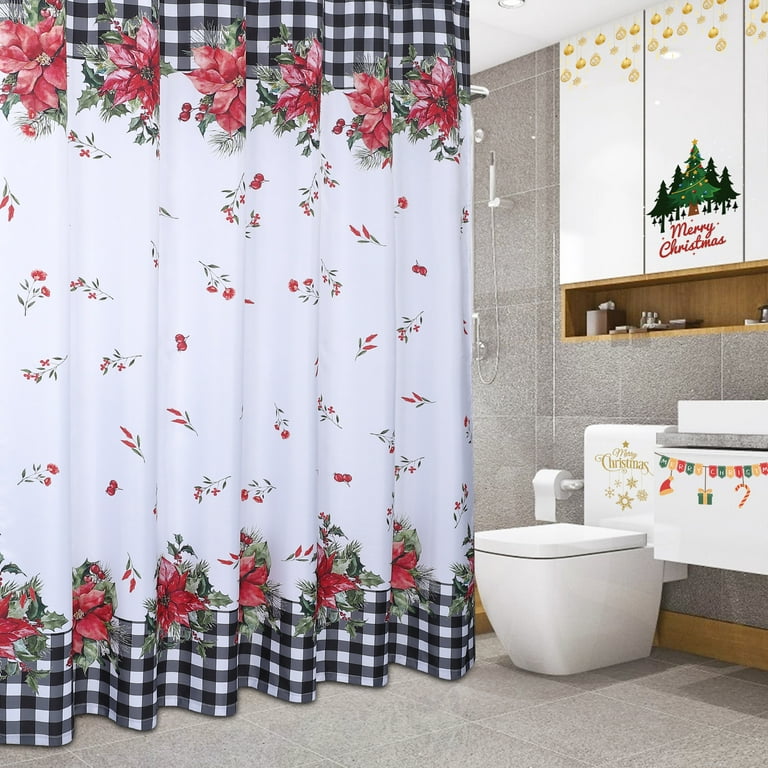 Assile 72x72 Black White Buffalo Plaid Bathroom Shower Curtains Flower  Pattern Waterproof Machine Washable Holiday Bathroom Decor Curtain 