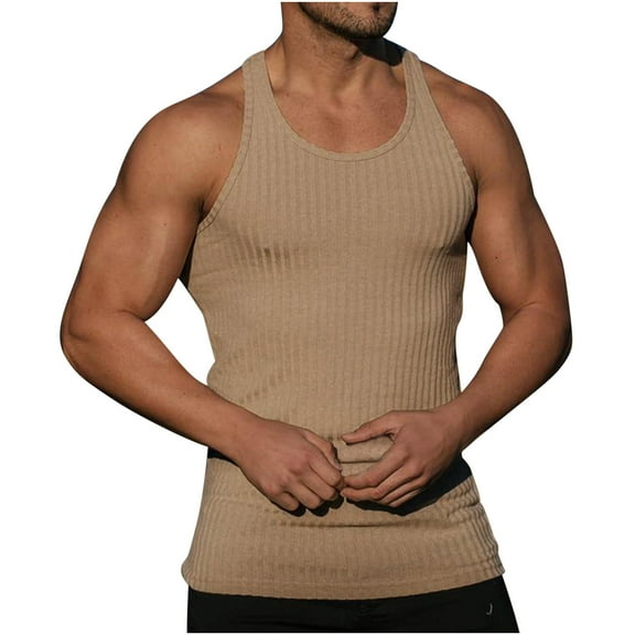 IROINNID Round Neckline Tank Tops For Men Sleeveless Tight Fitting Sports Stripe Gym Tank Tops Vest Pullover Solid Color Tops