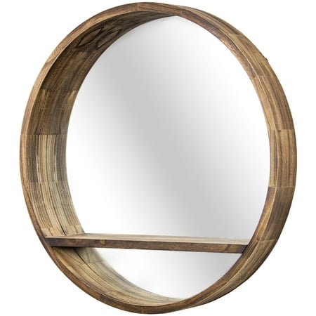 American Art Décor, Round Wooden Wall Mirror with Storage Shelf - Brown (28")