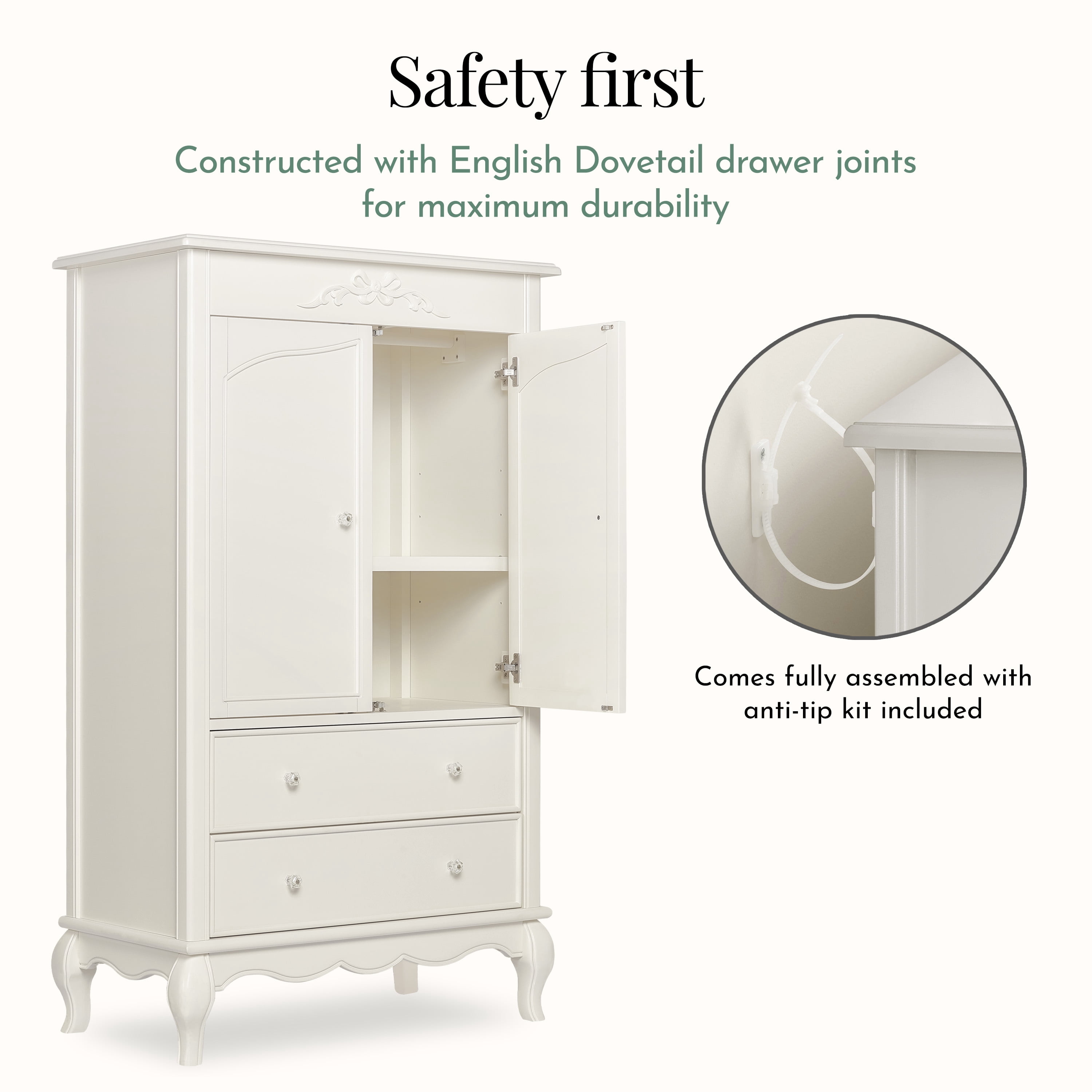 Evolur Armoire in Ivory Lace, Spacious Storage