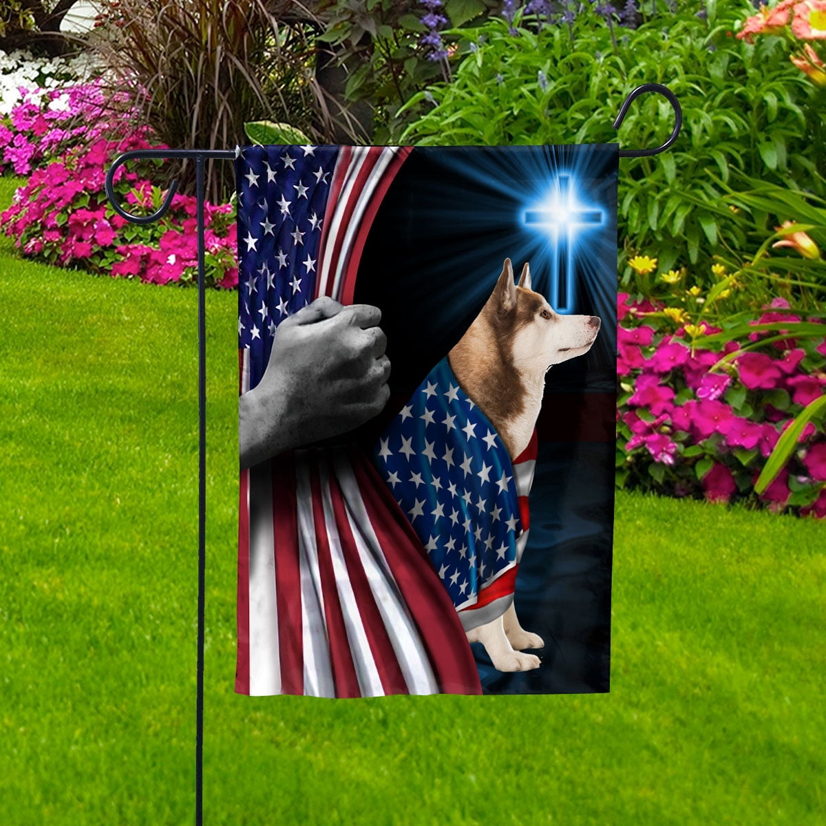 Hand Pulling USA Flag Husky Dog Wearing Flag American Standing under Cross Christian Patriotic House Flag (3x5) Double Sided- Premium Polyester-Decorative Indoor Outdoor Flag