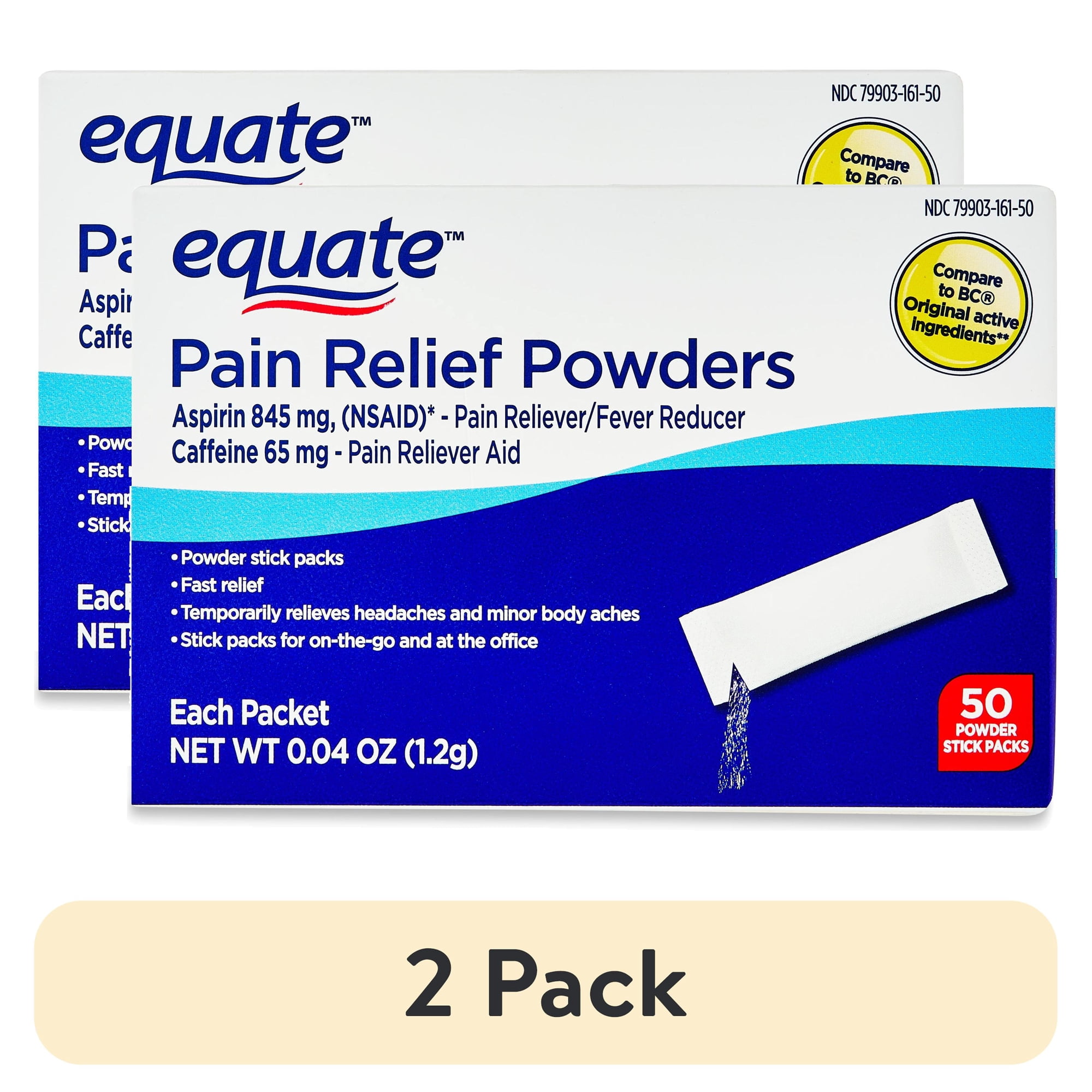(2 pack) Equate Pain Relief Powder Stick Packets, Aspirin and Caffeine, 845 mg/65 mg, 50 Count, Compare to BC® Original Active Ingredients