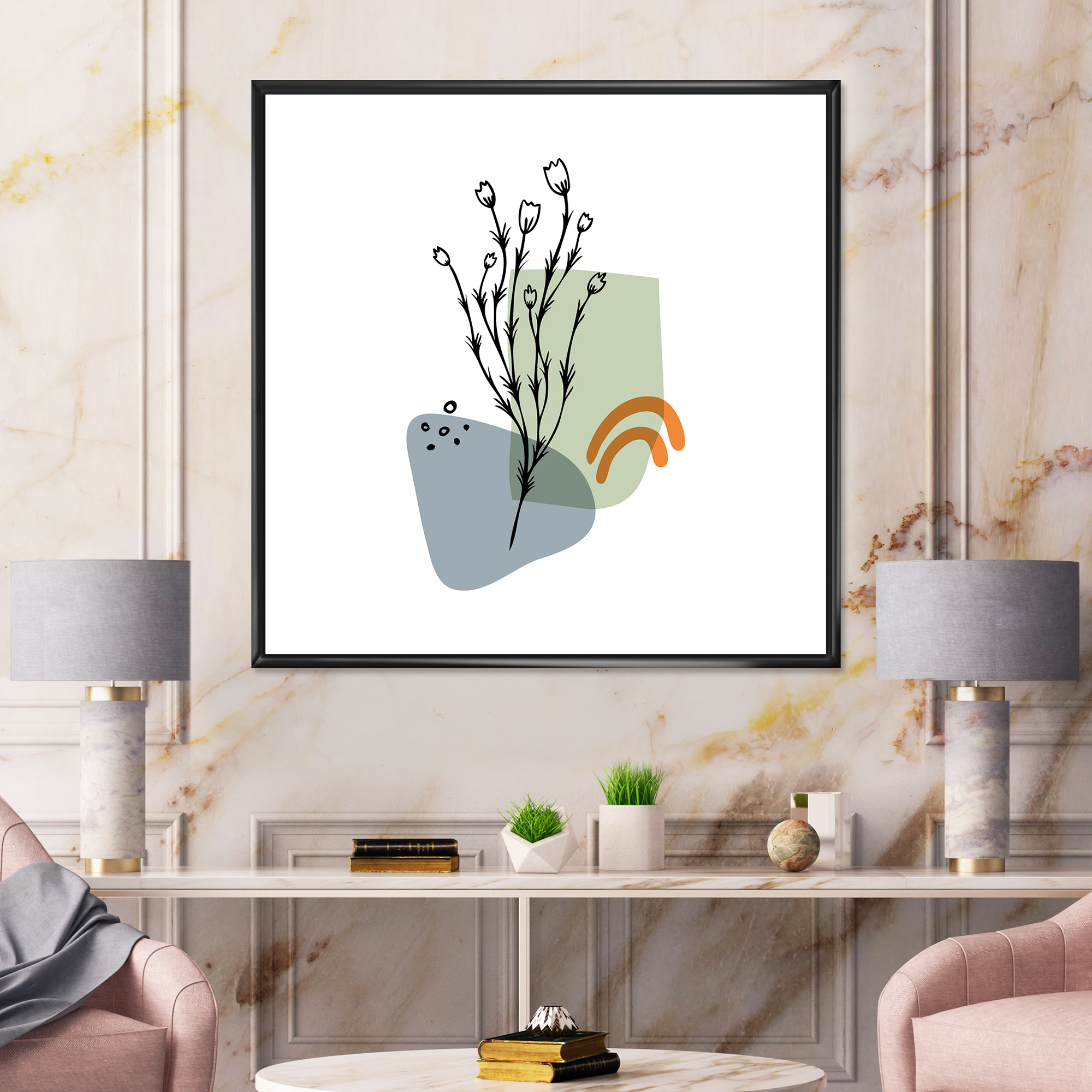 Designart 'Abstract Minimal Shapes Under Flowers II' Modern Framed Canvas Wall Art Print