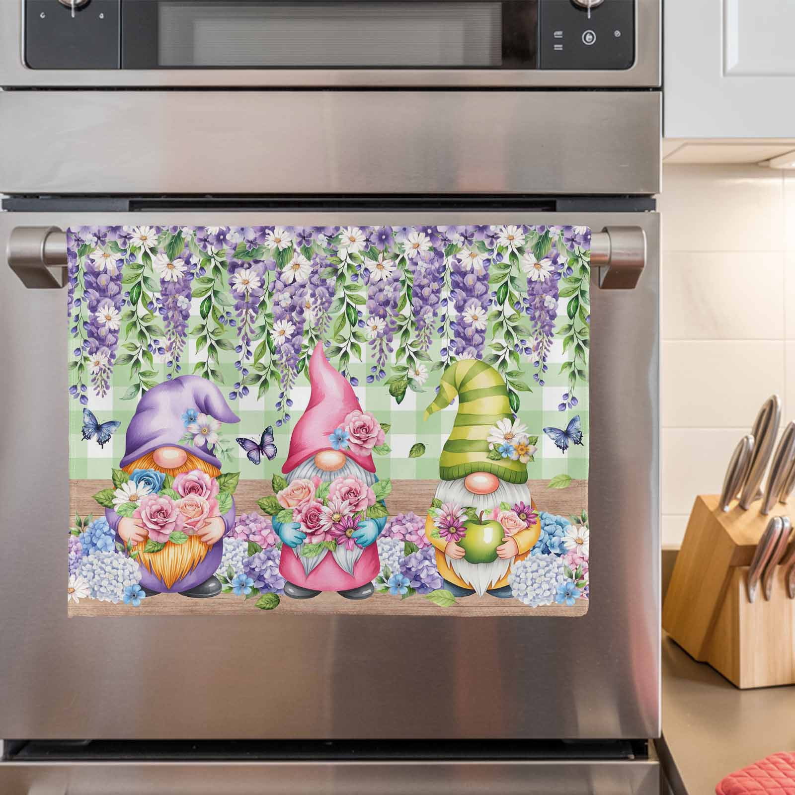 Blue Purple Gnomes Kitchen Towels Set of 3, Water Absorbent Dish Towel, Spring Hydrangea Flower Leaf Green Plaid Decorative Hand Towels - Quick Drying Cloth for Cooking Baking, 18x28 Inch