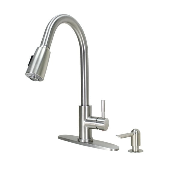 S1491123SD - Single Handle High Spout Pull-Down Dual Spray Stainless Steel Kitchen Faucet with Soap Dispenser, Stainless Steel