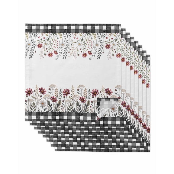 Watercolor Flowers Cloth Napkins Set of 8 Reusable Dinner Napkins, Fall Farmhouse Floral Herbs Plaid Cocktail Napkin Washable Table Napkins for Wedding/Holiday Party/Baby Shower 20"x20"