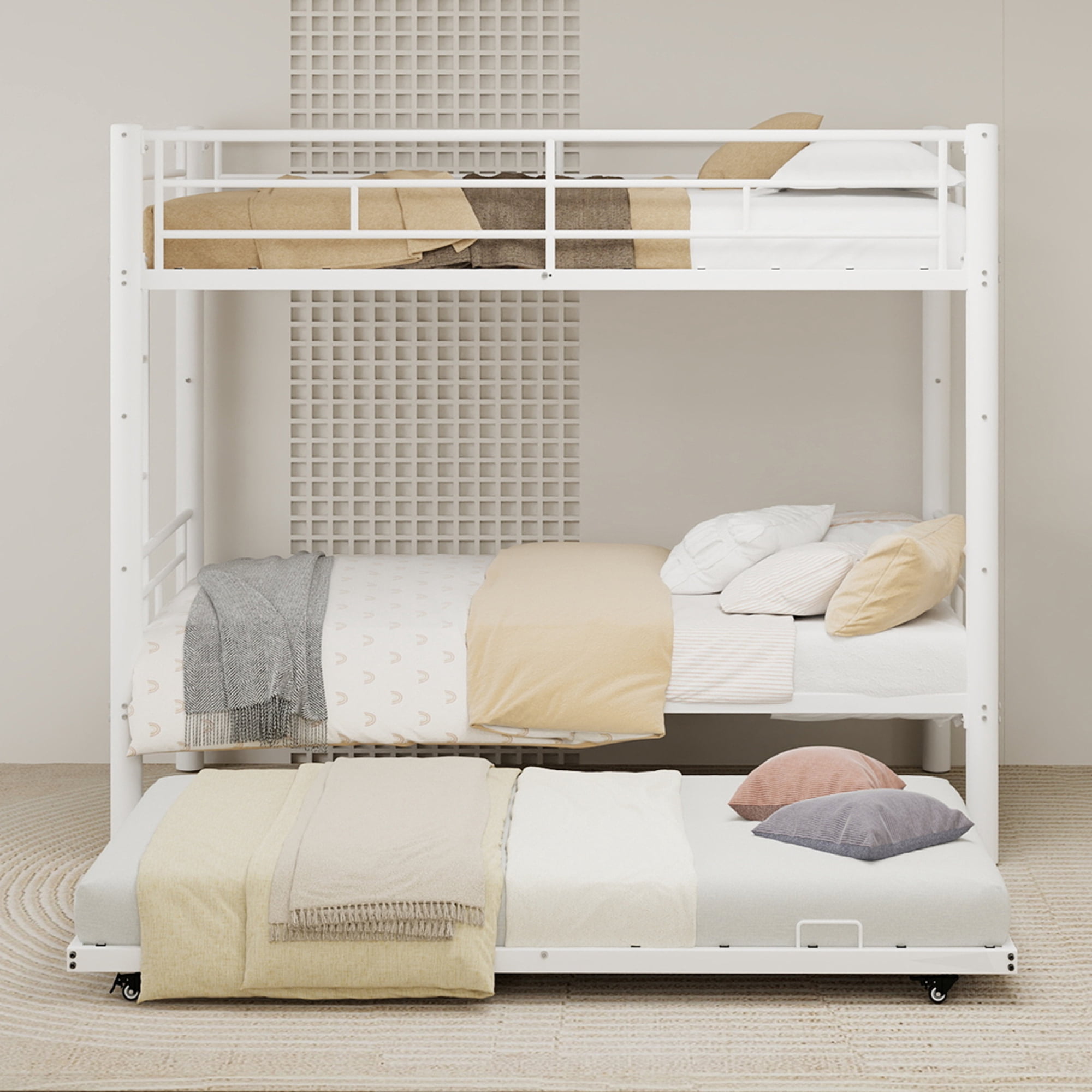 Twin over Twin Size Bunk Bed with Trundle, Heavy Duty Metal Bunk Bedframe with Ladder and Guardrails, Detachable Bunk Beds for Boys Girls