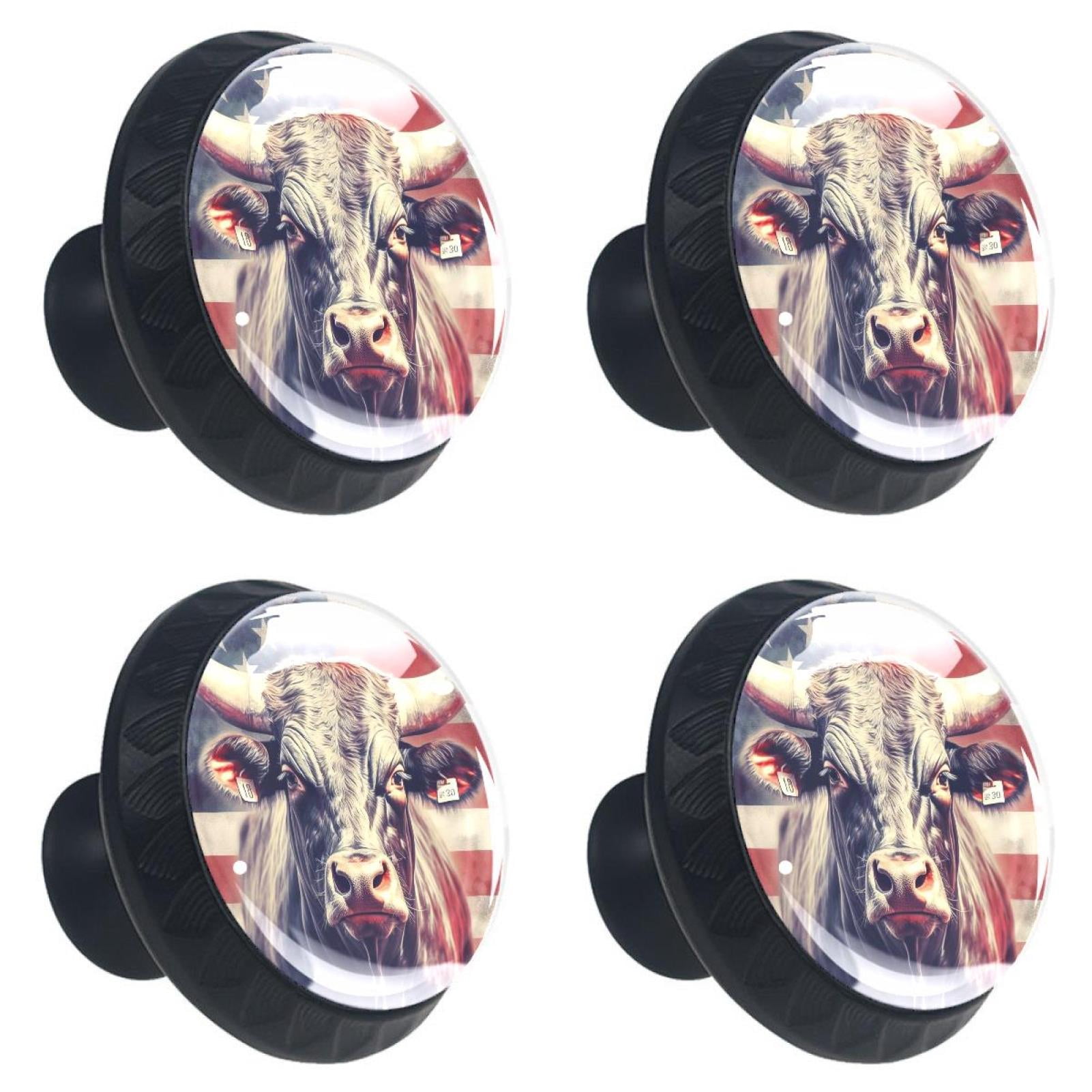 4 Pcs Cow American Flag Knobs for Kitchen Cabinet Cupboard Dresser Bookcase Drawer Pulls Handles Round Home Decor