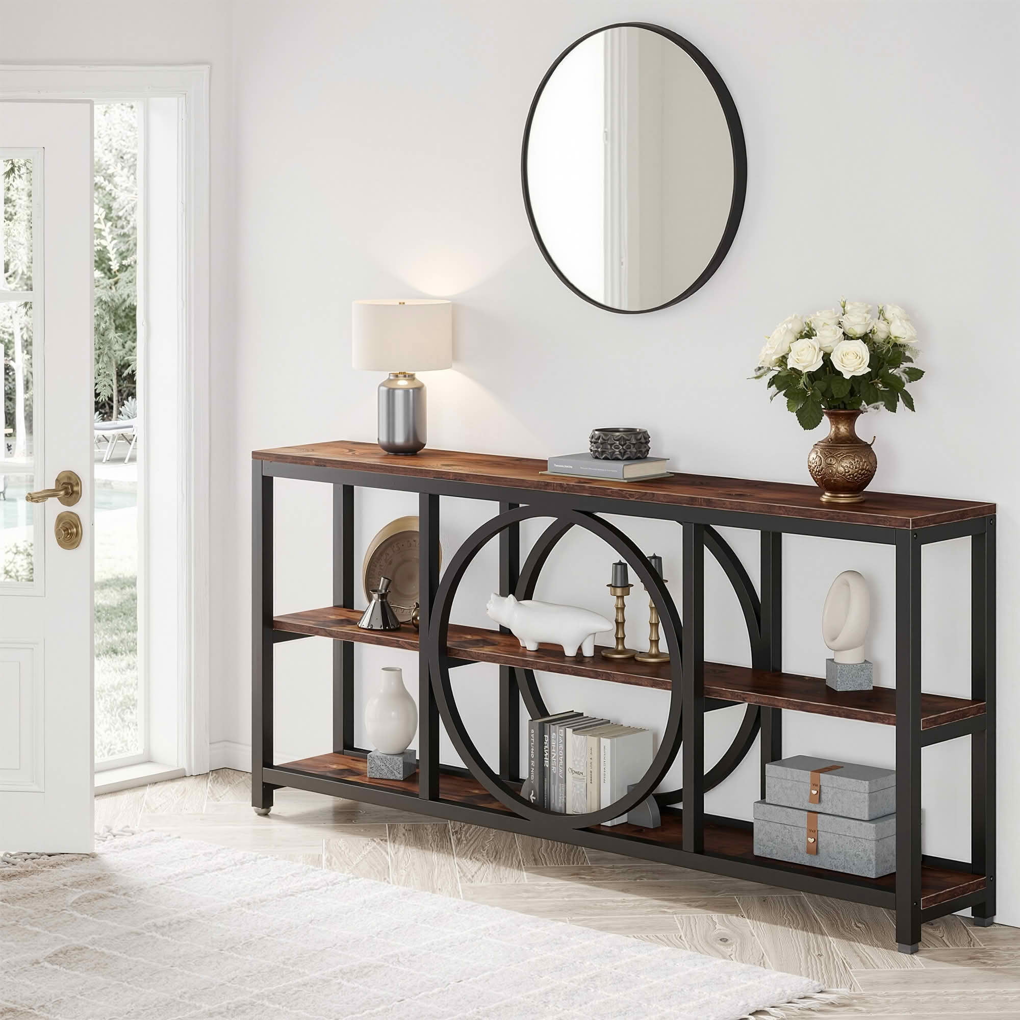 MAYEERTY 70.9" Narrow 3-Tier Console Table, Circular Black Metal Frame Waterproof MDF Sofa Table for Entryway Living Room
