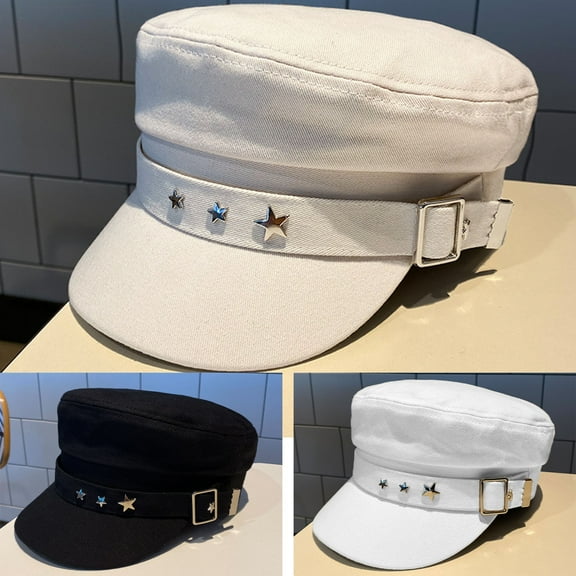 Naierhg Beanie Women Extended Brim Beret Hat Flat Dome Star Decor Adjustable Newsboy Hat Outdoor Solid Color Painter Hat StreetwearBlack