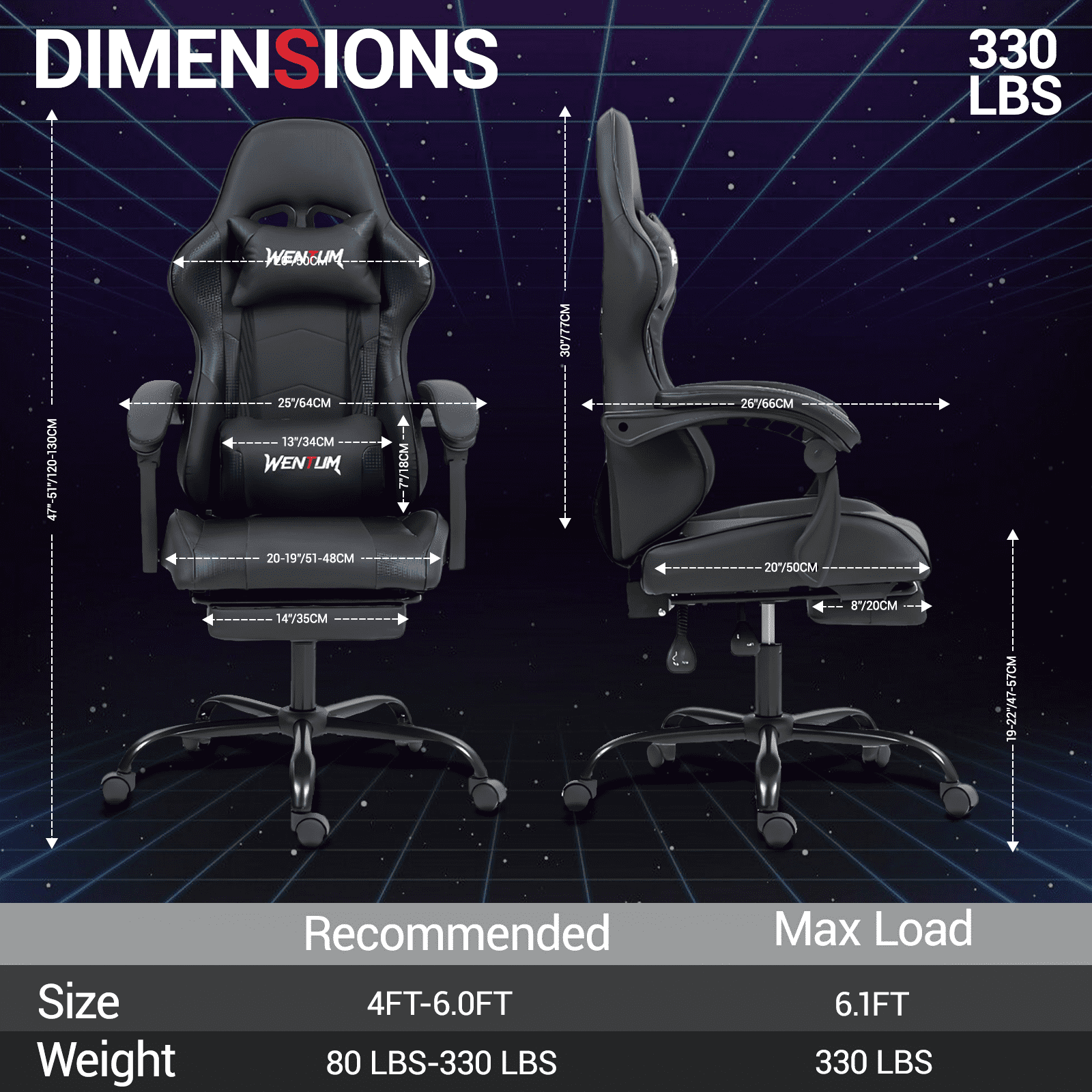 WENTUM  Ergonomic Reclining Gaming Chair with Linkage Armrests & Footrest, Racing Office Chair, PU Leather Computer Desk Chair, Black