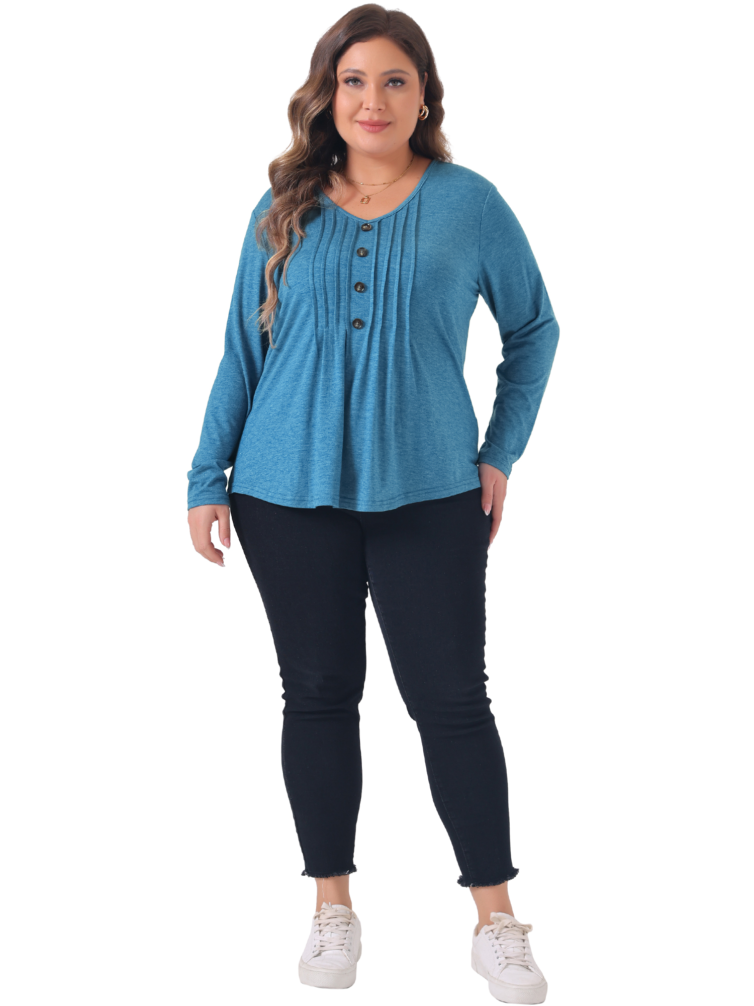 DARING DIVA Women's Plus Tops Pleated Front V Neck Button Blouses 4X Gray Blue