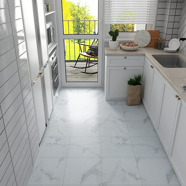 VEELIKE Peel and Stick Floor Tile 12''x12'' Vinyl Floor Tiles White Marble Stick on Tiles Flooring Waterproof Self Adhesive Granite Floor Tiles