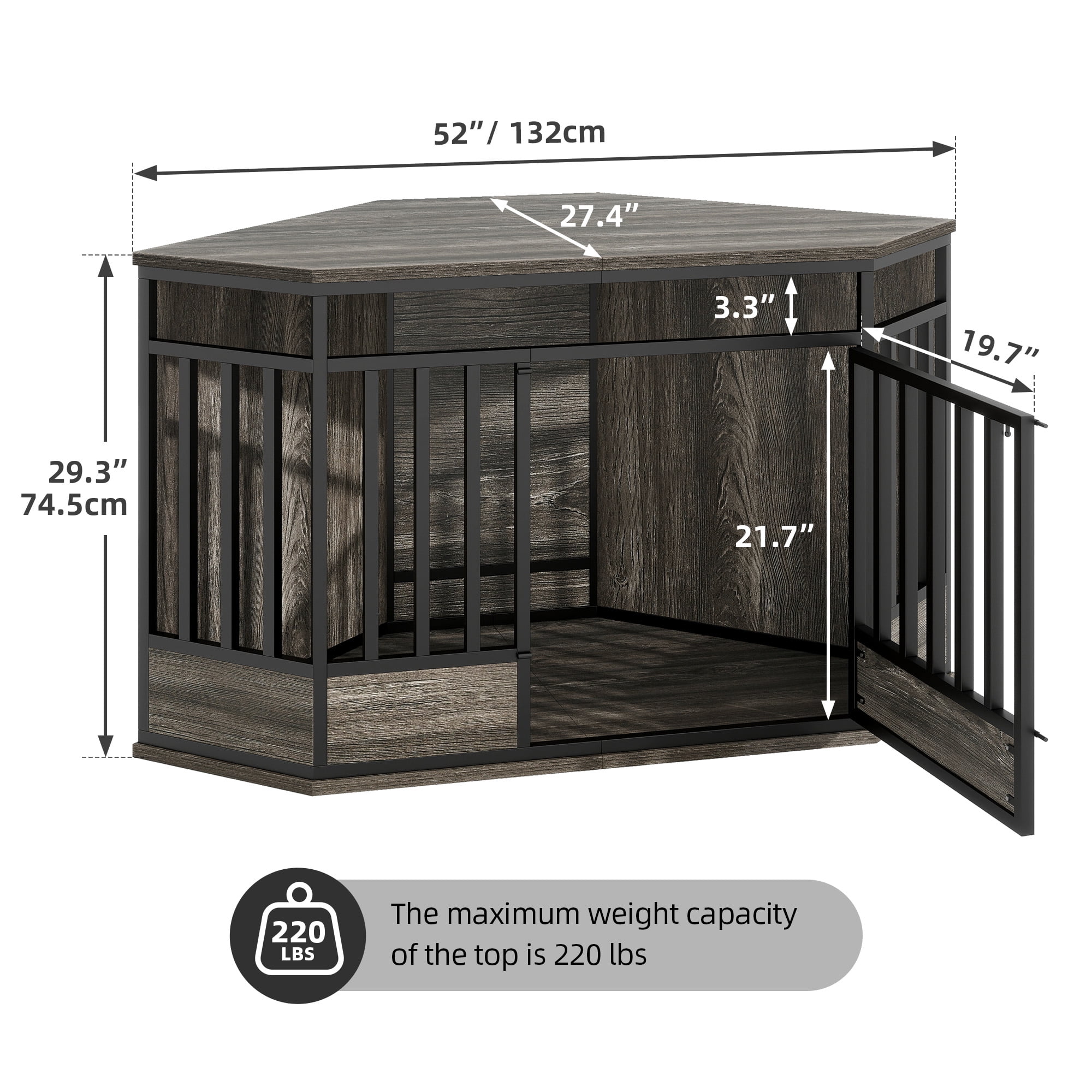 Uforic 52 Inch Heavy Duty Corner Dog Crate Furniture, Large Wooden Dog Kennel End Table for Large Dogs - Gray