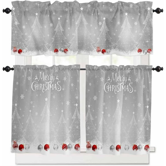 Christmas Kitchen Curtains and Valances Set, Rod Pocket Curtains Tier Farmhouse Window Curtains 36 Inch Length, Winter White Pine Trees Snowflake Ball Grey 3 Piece Kitchen Curtains Set