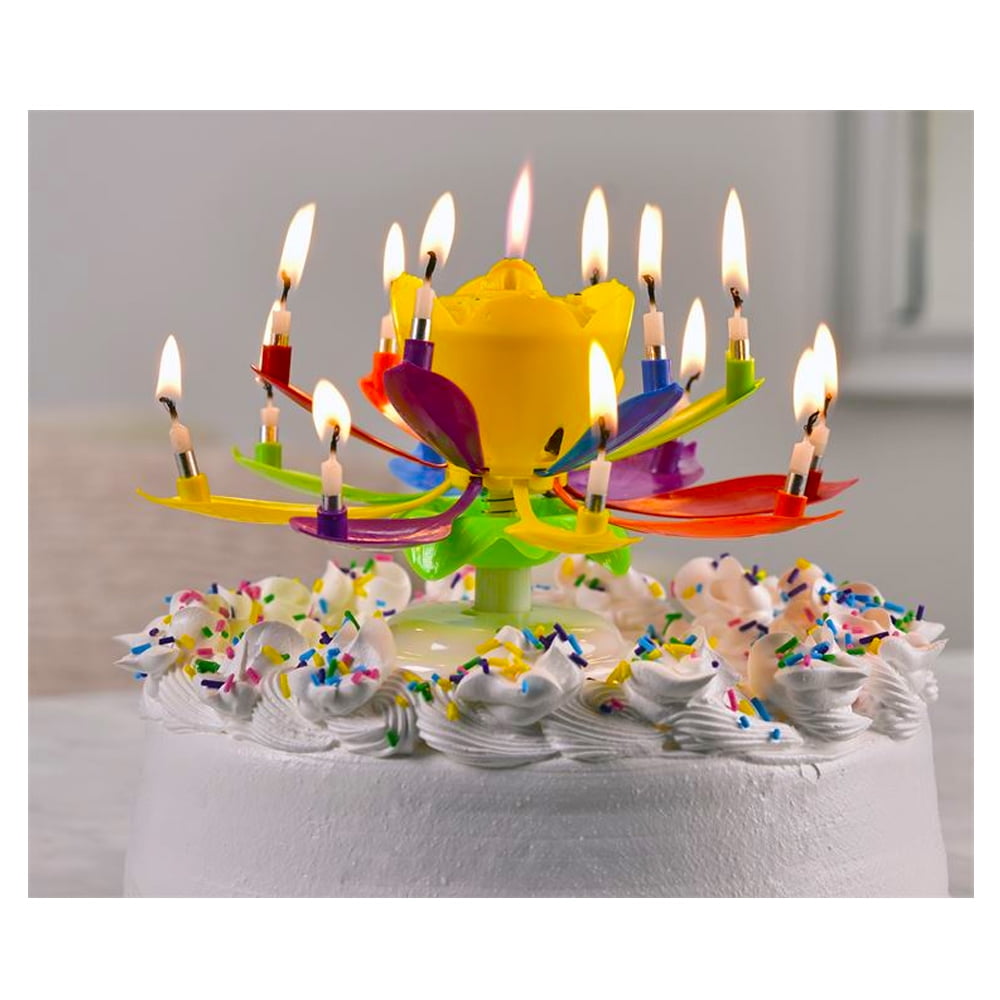 Happy Birthday Musical Flower 14 Candles Rotating Lotus Cake Topper