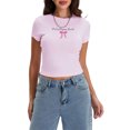 thumbnail image 3 of Biezeib Women's Cap Sleeve Tops Casual Tight Fitted Round Neck Letter Bow Print T-Shirt Tops for Summer, 3 of 6