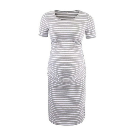 

asdoklhq Maternity Dresses for Women Plus Size Woman O-Neck Stripe Short Sleeve Breast-Feeding Pregnant Maternity Nursing Dress