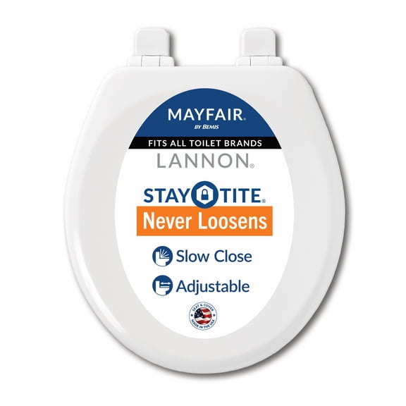 Mayfair Lannon® Slow Close Round Enameled Wood Toilet Seat in White Adjustable and Never Loosens
