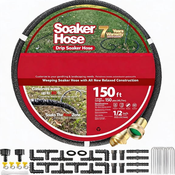 Soaker Hose 150 FT 1 2 Inch with Brass Connectors and Garden Stakes