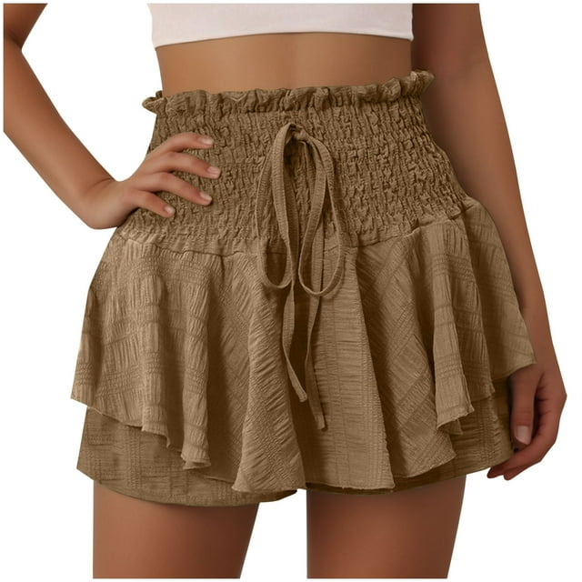 Timegard Shorts pour Femmes Taille Haute Smockée à Volants Large Jambe Fluide Été Plage Décontracté