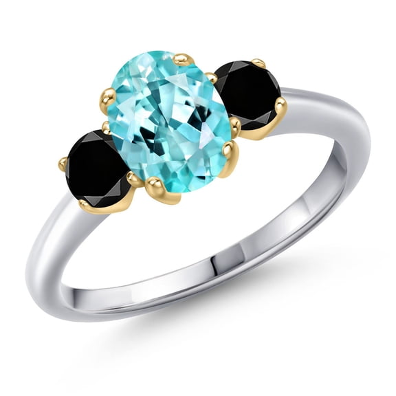 Gem Stone King 925 Silver and 10K Yellow Gold Blue Apatite and Black Diamond Engagement Ring for Women | 1.74 Cttw | Oval 8X6MM | Gemstone Birthstone | Size 8