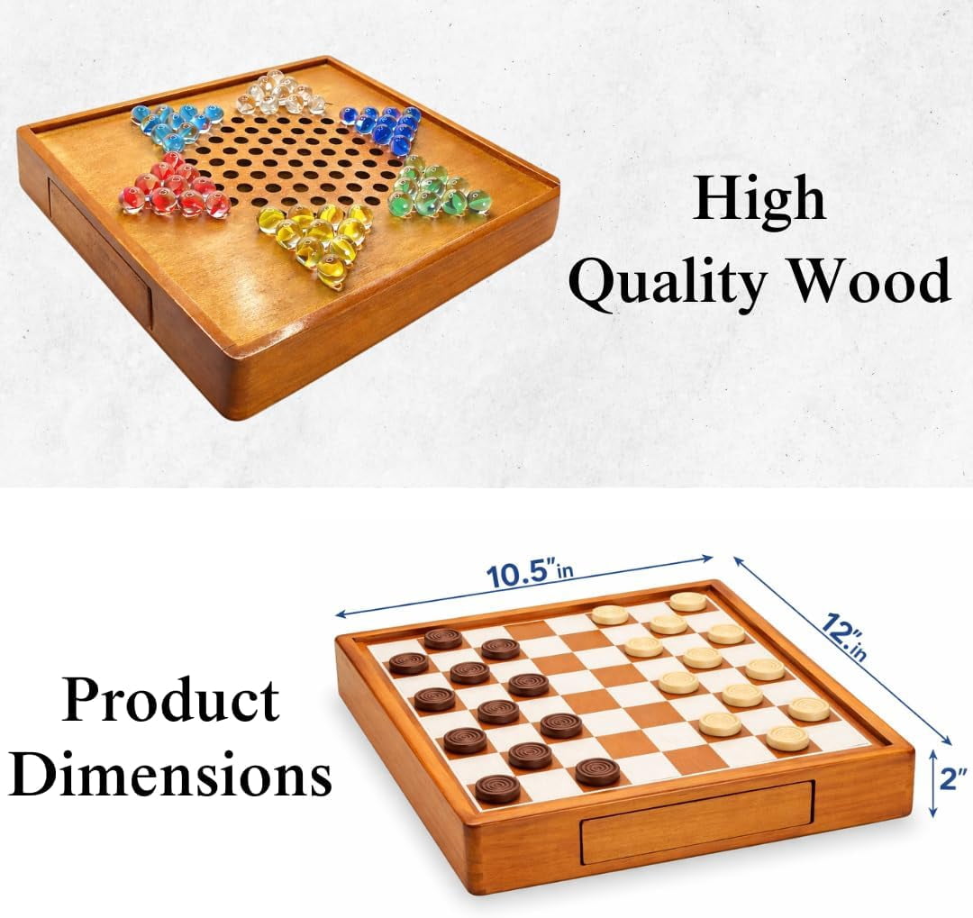2 in 1 Chinese Checkers and Checkers 12” Golden Wooden Board with Storage Drawer & 60 Colorful Glass Marbles, Classic, Competitive, Strategy Games, Deluxe Checkers and Chinese Checkers Board Game Set