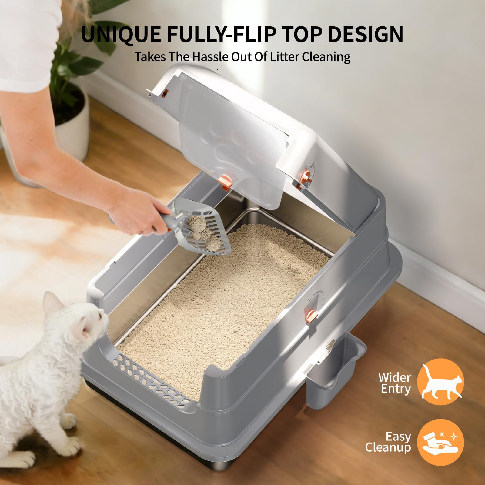 Stainless Steel Litter Box With Lid  Medium Enclosed Tray High Sided Grey