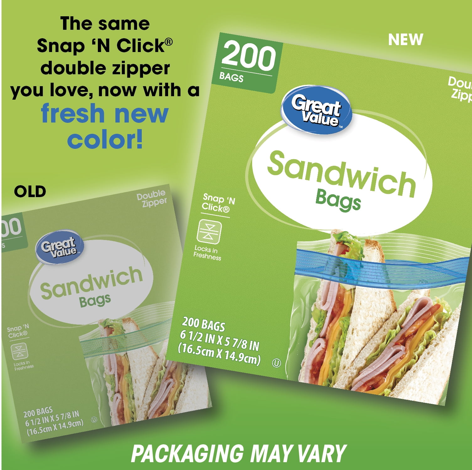 Great Value Double Zipper Sandwich Bags, 200 Count, 6.5x5.875 inch