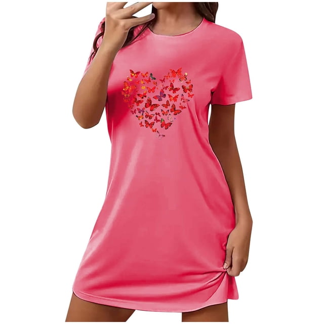 Pyjama Femme Chemise de Nuit pour Femme Robe de Nuit Manches Courtes Chemise de Nuit Imprimée Vêtements de Nuit Chemises de Nuit Douces Imprimé Saint-Valentin Chemises de Nuit Douces Robe de Sommeil Classique TG