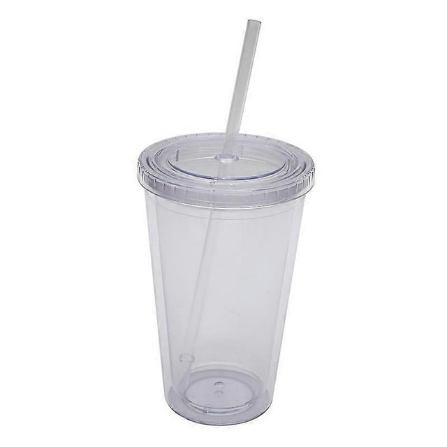 Vaso de plástico reutilizable, transparente, de doble pared y con pajita, apto para café y zumo (500 ml)