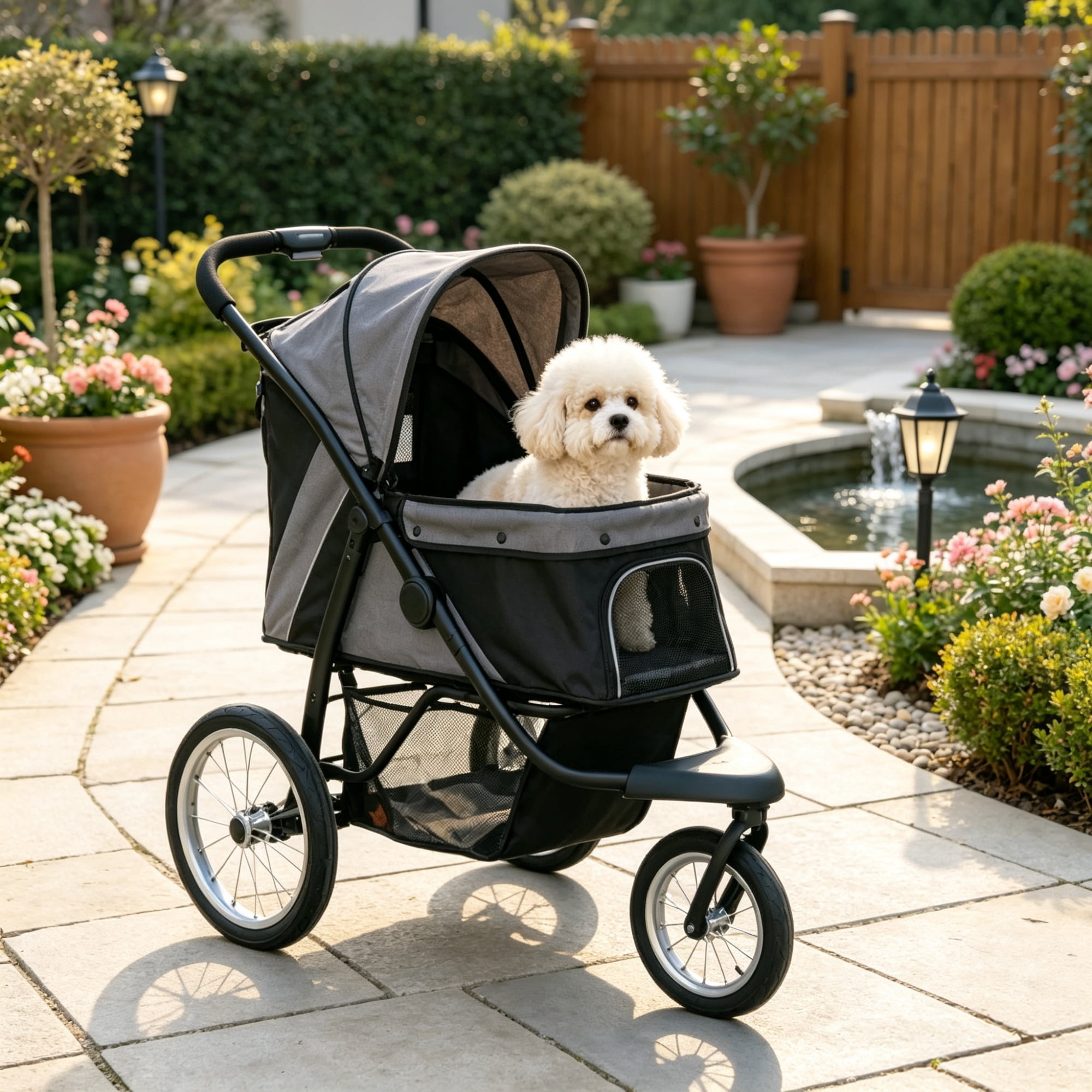 3-Wheel Pet Stroller for Small & Medium Dogs, Adjustable Canopy, Safety Tether, Storage Basket, Gray