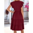thumbnail image 2 of Women'S Summer Dress V Neck Short Sleeve Midi Sundress Flowy Tiered Beach Dresses with Pockets Wine Red M, 2 of 9