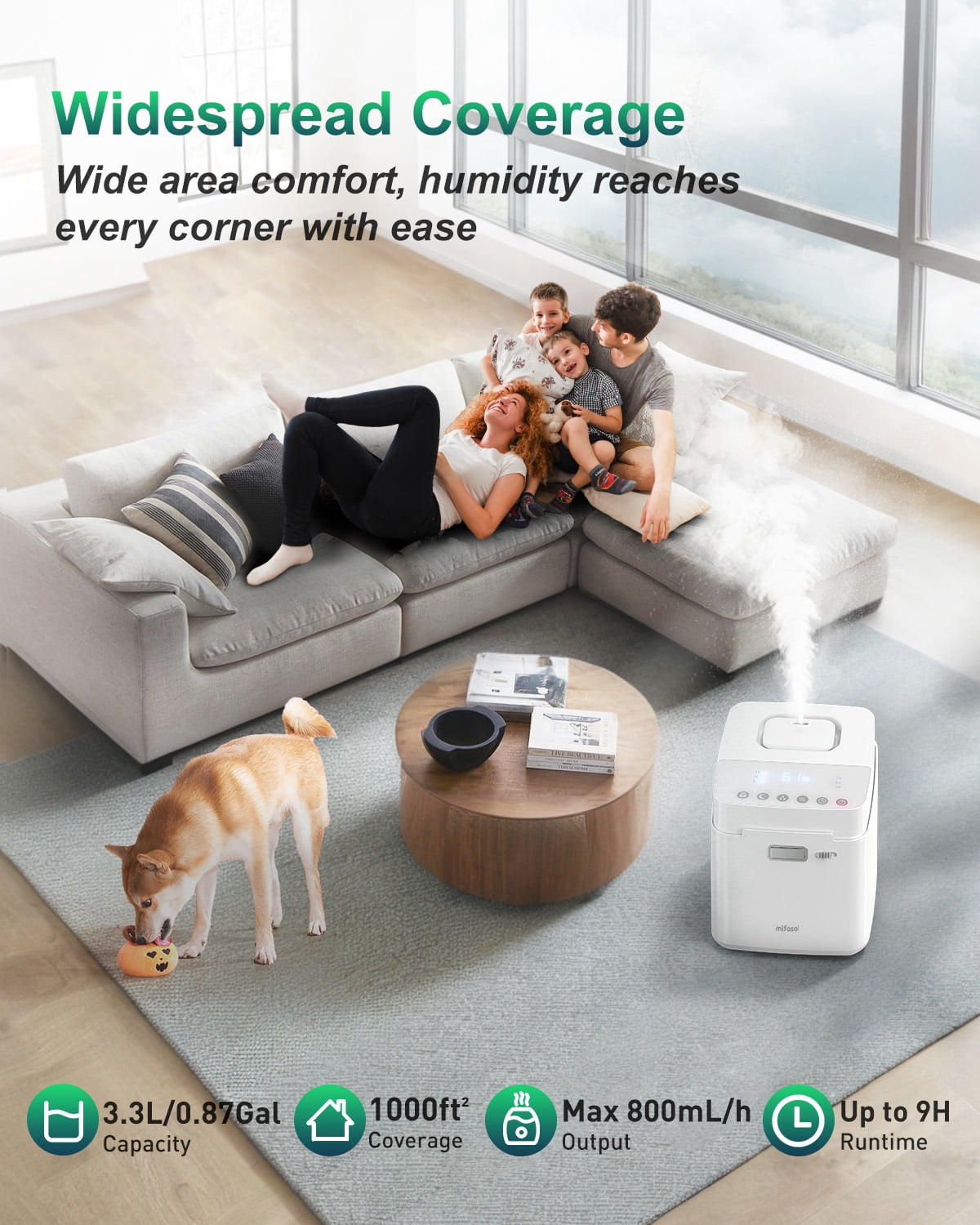 Mifasol Stainless Steel Humidifier, 3.3L/0.87Gal Steam Humidifier Large Room up to 800 sq ft, Easy to Clean Warm Mist Humidifiers for Bedroom, White