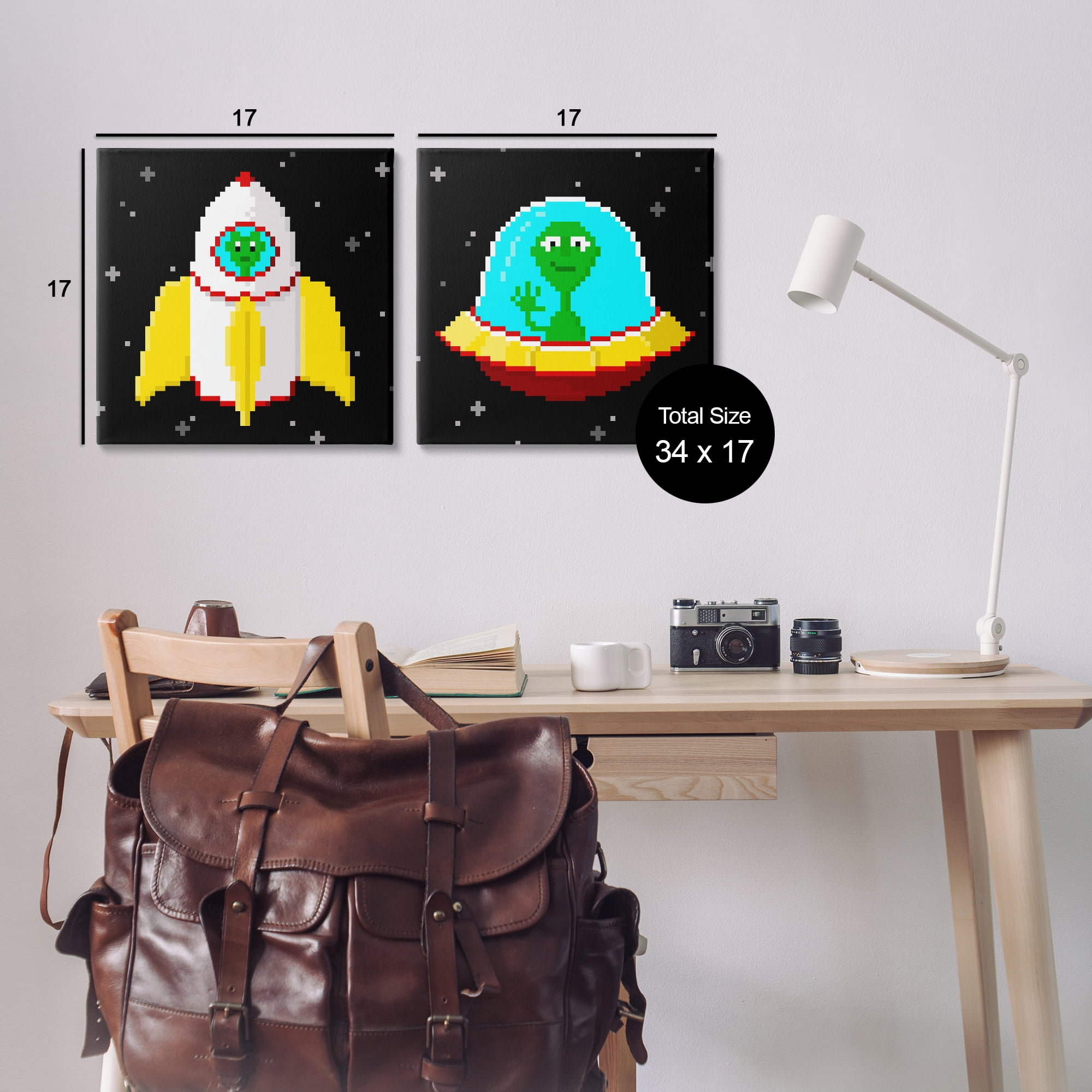 Stupell Industries Pixel Alien Spaceships Fantasy & Sci-Fi Painting Wrapped Canvas Art Print Wall Art, 17 x 17, Set of 2