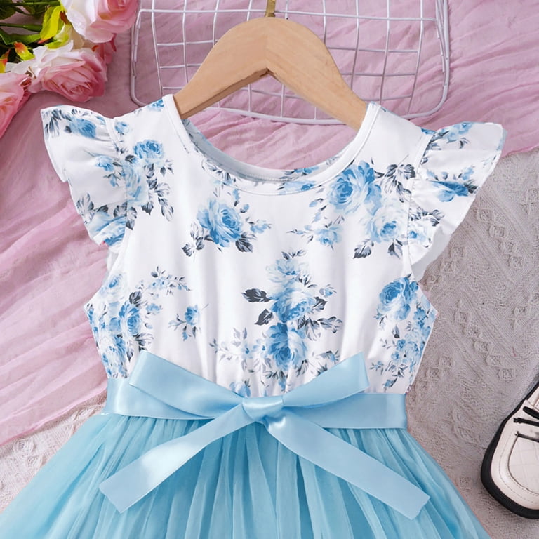 Rovga Easter Dresses for Girls 7-8 Years Sleeveless O Neck Dresses Floral Prints Sundress Classic Outfits Blue