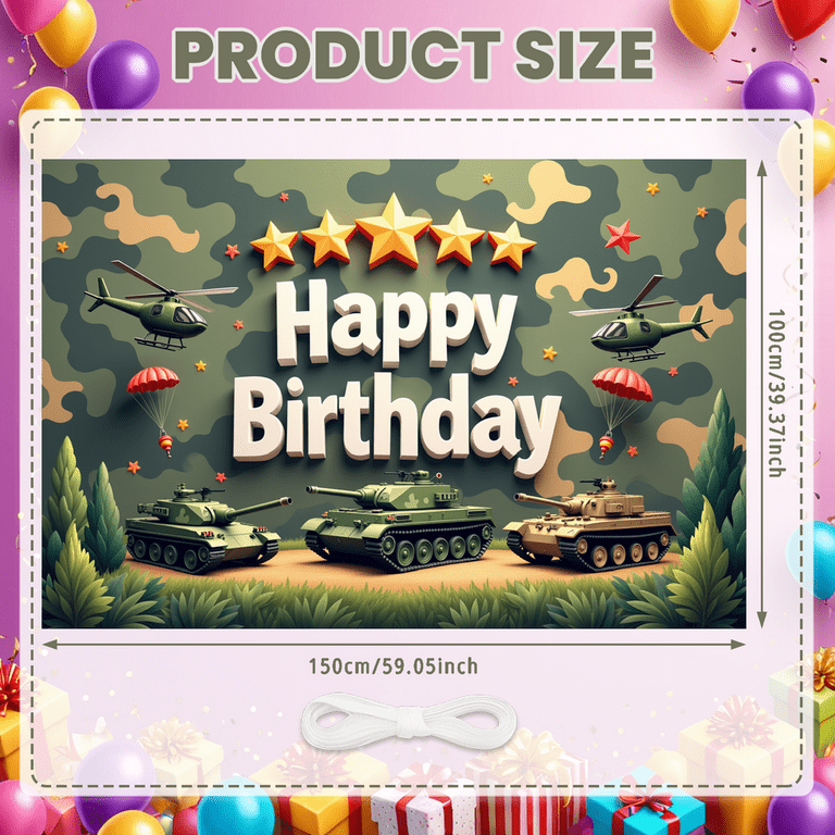 Toile De Fond Anniversaire Thème Militaire Camouflage - 180x110 Cm - Motifs Chars, Hélicoptères, Soldats - Pour Garçons