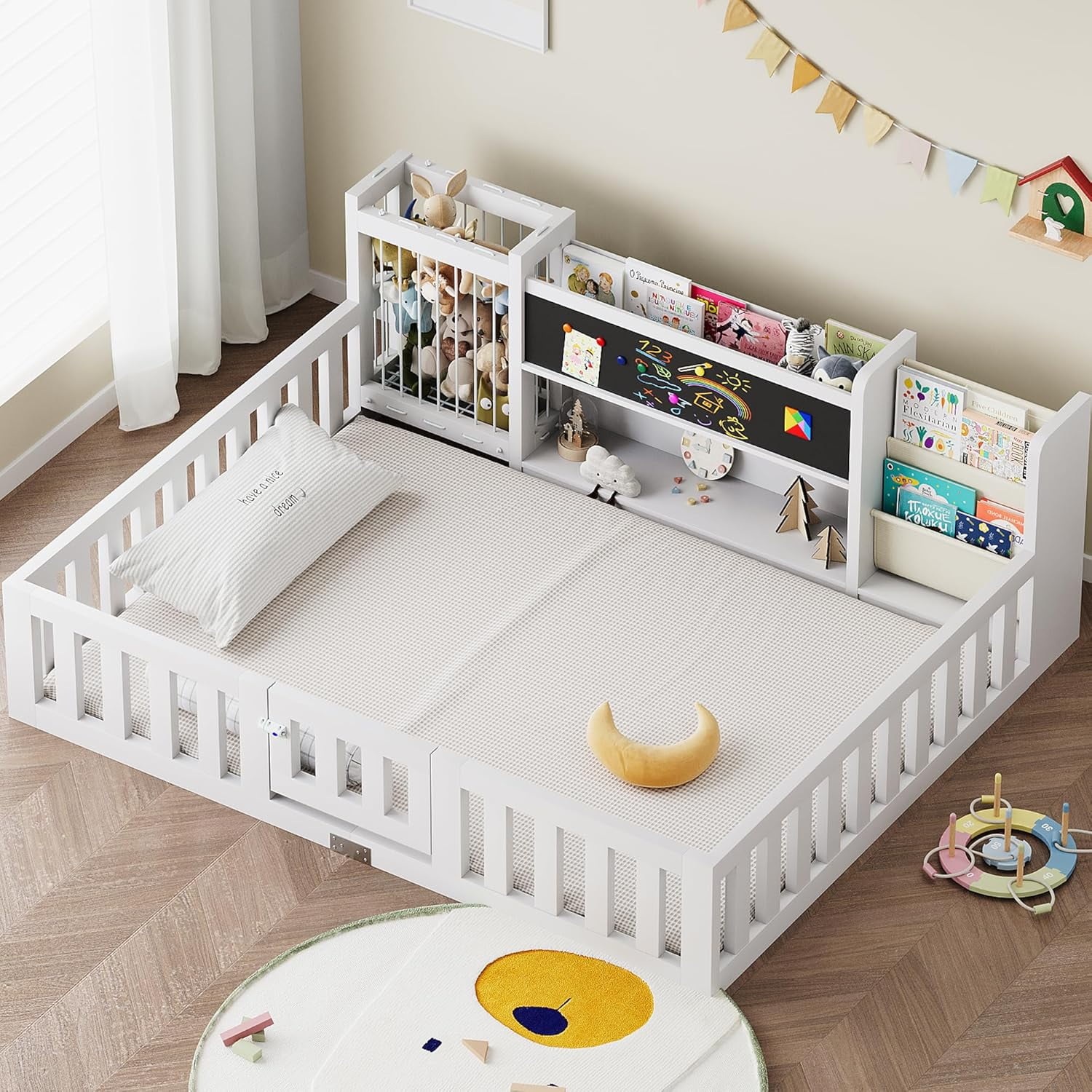 Advwin Twin Floor Bed with  Gate, Safety Rails, Blackboard, Bookshelf & Toy Storage, Sturdy Wooden Platform Bed Frame, White