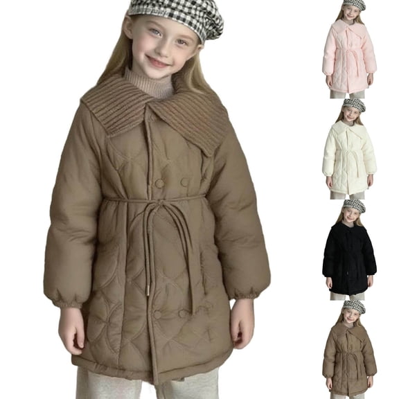 Agkizg Girls Button Up Puffer Coat with Knit Collar Thick Fleece Lined Winter Jacket with Pockets Solid Color Warm Outerwear