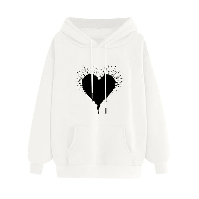 Pompotops Women's Comfortable Sweater Heart Pattern Printed Women's Hooded Pocket Drawstring Sweater Clearance