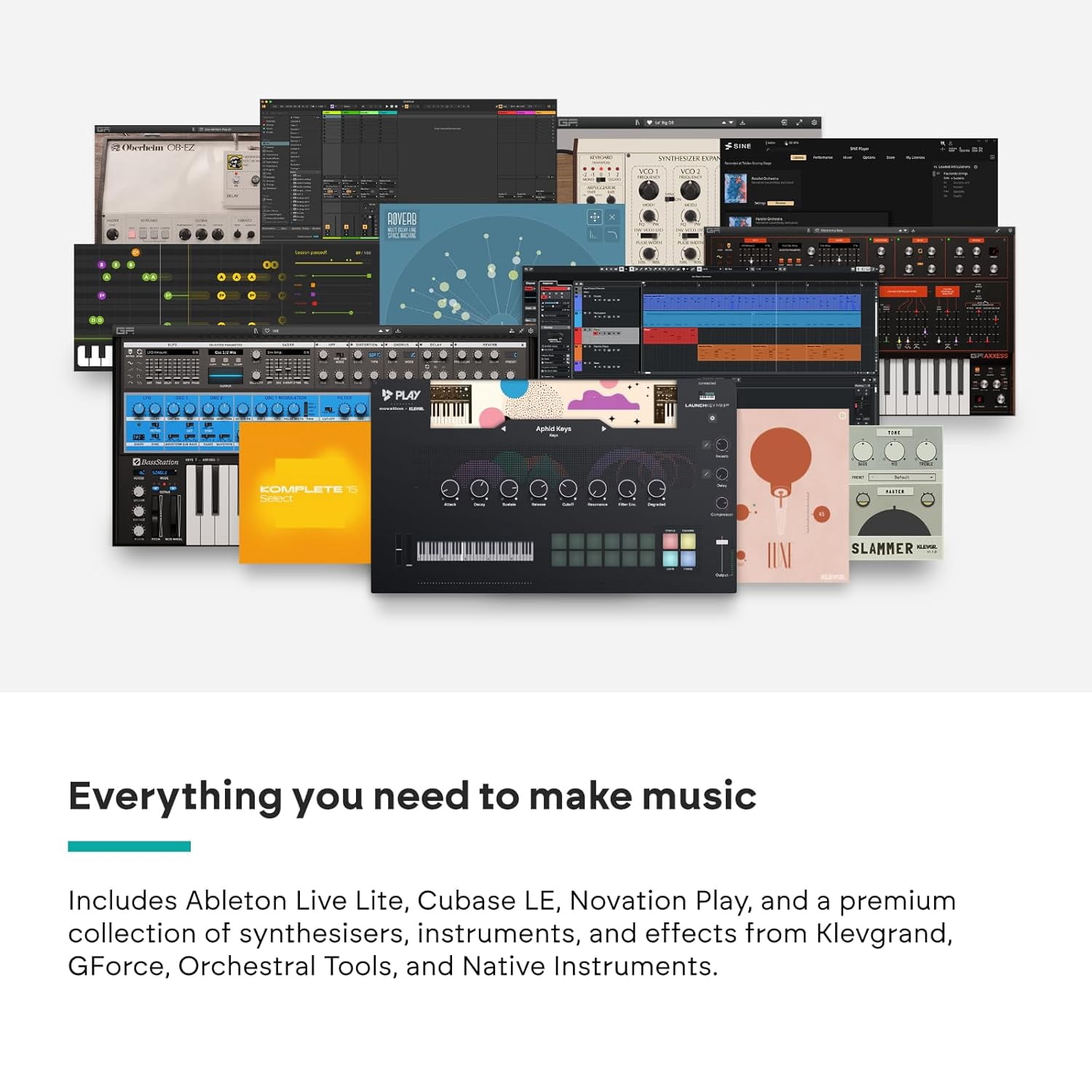 25-key MIDI sequencer keyboard controller with 16 RGB backlit drum pads and 8 knobs. Supports DAW and NKS integration, chord/scale modes. Includes software bundle.
