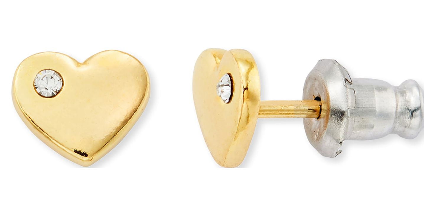 Brilliance Fine Jewelry 14K Gold Plated Sterling Silver Crystal Heart Studs and Hoop Children’s Earrings Set