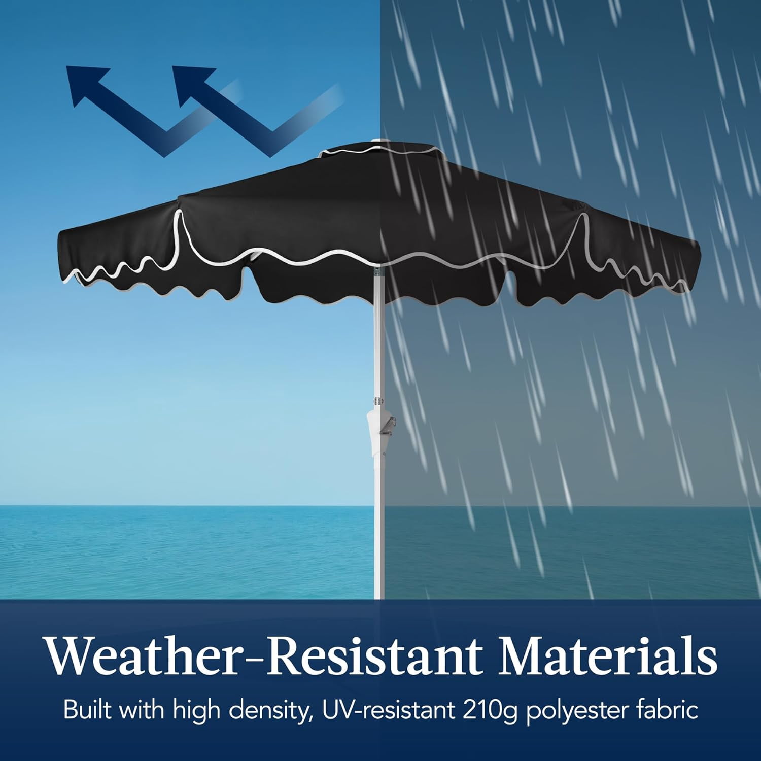 HWong 7.5ft Patio Market Umbrella with Wavy Trim, UV-Fade-Resistant 210g Canopy, Crank & Tilt, Wind Vent, Heavy-Duty Frame - Black