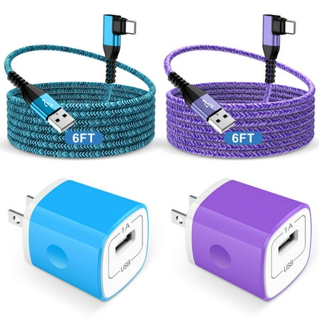 USB Charger Block ABCPOW 2pcs 1A USB Wall Charger Block Adapter Plug w/ 2pcs Right Angle Nylon Android Type C Charger Cable 6FT USB C Charging Cable 6FT Phone Charger Cord Type C Fast Charging Block
