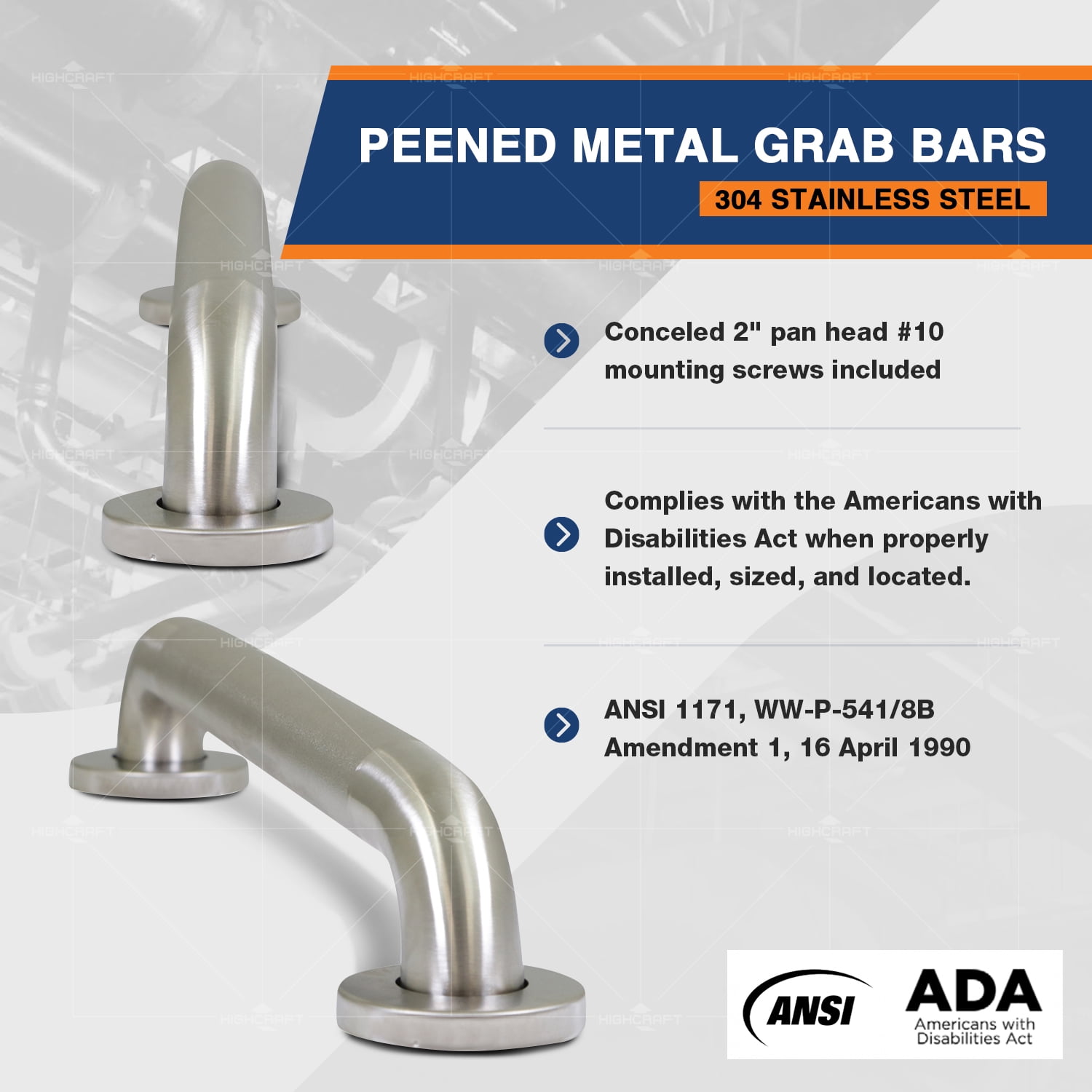 Highcraft Grab Bar for Bathtubs and Showers, Anti Slip Shower Grab Bars for Seniors and Elderly, Safety Bar for Bathroom 36" x 1.5" ADA Compliant Grab Bar, Heavy Duty Stainless Steel Shower Handle