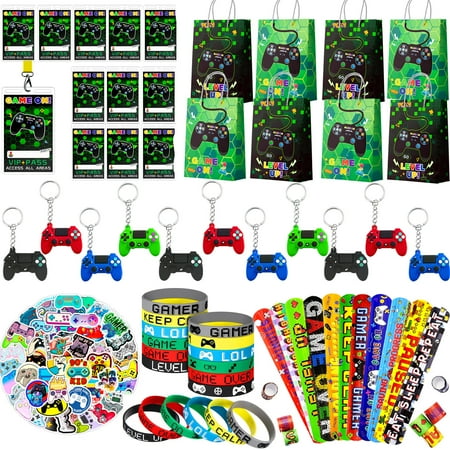 Video Game Party Favors for Kids, 110pcs Gamer Party Favors Set Including Video Game Wristband Slap Bracelets Keychain Vip Pass Ticket & Gamer Goodie Bags